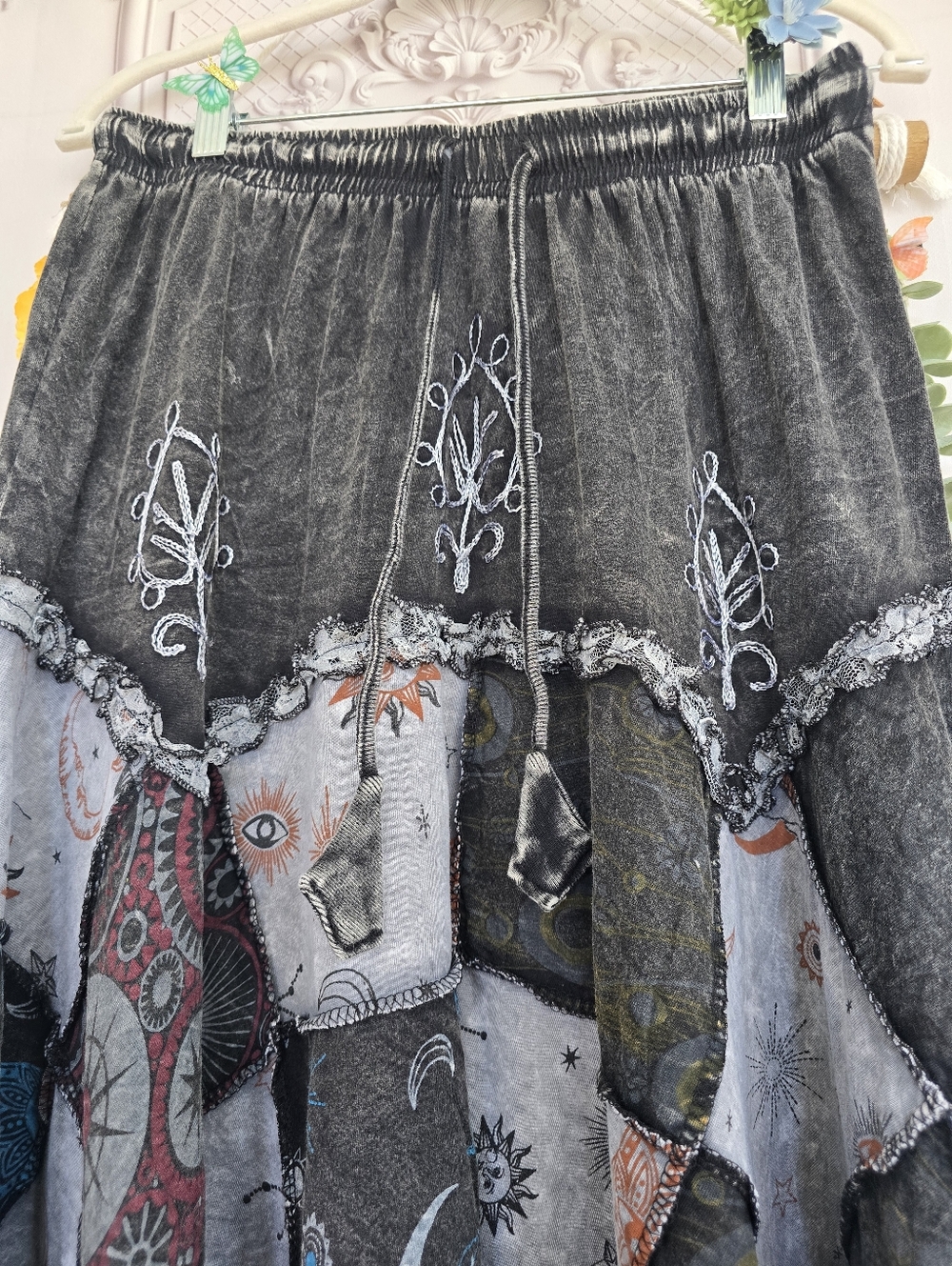 POL 100% Cotton Embroidered Patchwork Handkerchief Hem Lace Trim Maxi Skirt - Picture 6 of 16